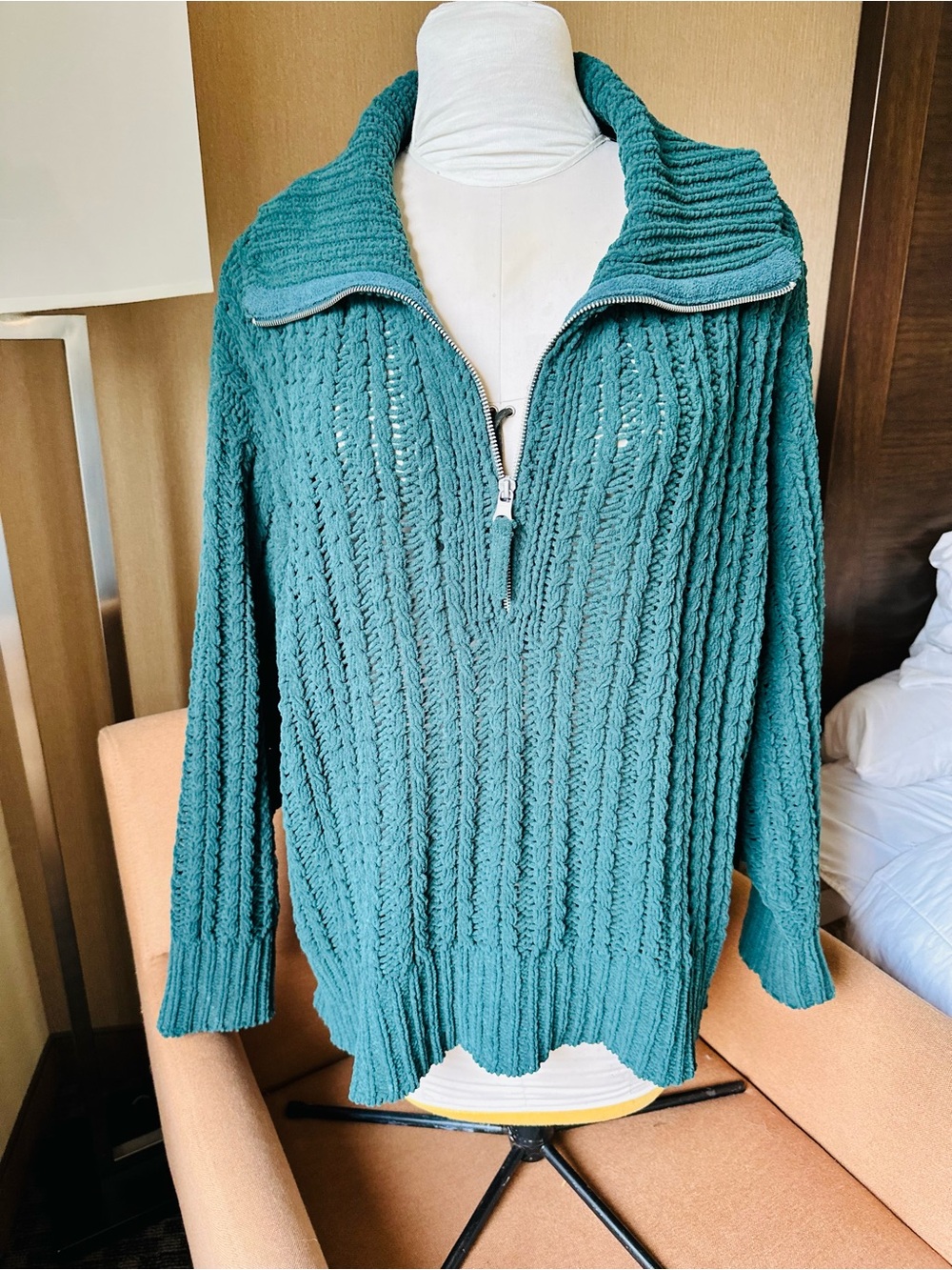 Aerie Cable Car Knit Quarter Zip Deep Forest Green Chenille Sweater L - Picture 11 of 13